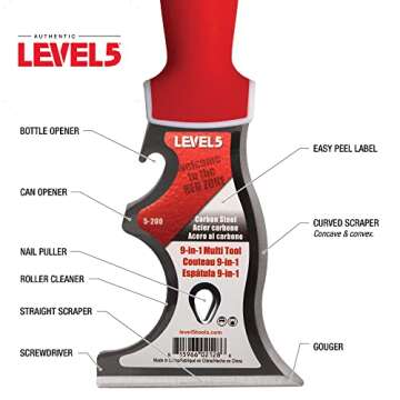9-In-1 Painter’s Tool - LEVEL5 | Multi-Use Knife, Hardened Carbon Steel | Metal Hammer End | Pro-Grade Finishing Tools | 5-200
