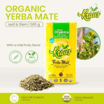 KRAUS Organic Yerba Mate | Leaf & Stem | Unsmoked | Authentic Herbal Flavor | USDA | 1.1 LB / 500 g ...