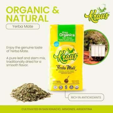 KRAUS Organic Yerba Mate | Leaf & Stem | Unsmoked | Authentic Herbal Flavor | USDA | 1.1 LB / 500 g / 17.6 oz
