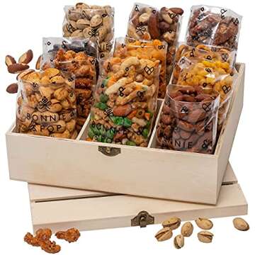 Nut Gift Basket | Healthy Valentines Day Gift of Assorted Nuts in Reusable Wood Crate | Large Variety Tray with Unique Flavors | Parties, Holidays, Birthday, Sympathy, Office, Thank You, Him, Her | Bonnie & Pop