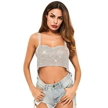 Women Sexy Sparkly Crystal Rhinestone Rave Crop Top Sleeveless Body Chain for Clubwear Festival Dance Silver