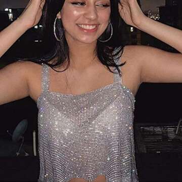 Women Sexy Sparkly Crystal Rhinestone Rave Crop Top Sleeveless Body Chain for Clubwear Festival Dance Silver