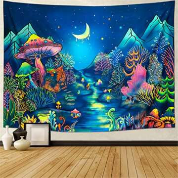 Blacklight Forest Trees Tapestry UV Reactive Plants Tapestry Fantasy Starry Night Tapestry Neon Moon Landscape Tapestry Mysterious Aesthetic Mountain Wall Hanging for Room
