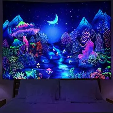 Blacklight Forest Trees Tapestry UV Reactive Plants Tapestry Fantasy Starry Night Tapestry Neon Moon Landscape Tapestry Mysterious Aesthetic Mountain Wall Hanging for Room