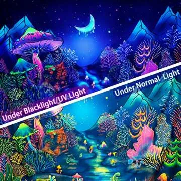 Blacklight Forest Trees Tapestry UV Reactive Plants Tapestry Fantasy Starry Night Tapestry Neon Moon Landscape Tapestry Mysterious Aesthetic Mountain Wall Hanging for Room