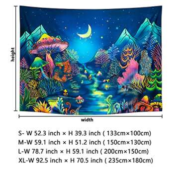 Blacklight Forest Trees Tapestry UV Reactive Plants Tapestry Fantasy Starry Night Tapestry Neon Moon Landscape Tapestry Mysterious Aesthetic Mountain Wall Hanging for Room