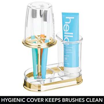 mDesign Plastic Toothpaste and Toothbrush Holder Center with Cup/Cover - Organizer for Bathroom Vanity Countertop - Holds Paste, Floss, Accessories - Hyde Collection - Clear/Soft Brass