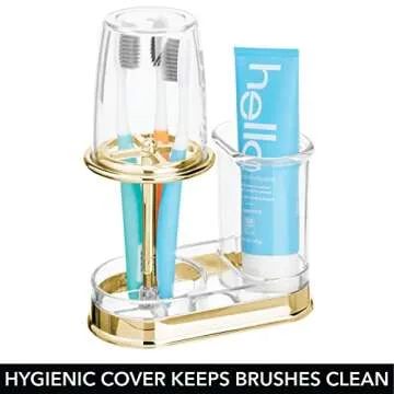 mDesign Plastic Toothpaste and Toothbrush Holder Center with Cup/Cover - Organizer for Bathroom Vanity Countertop - Holds Paste, Floss, Accessories - Hyde Collection - Clear/Soft Brass