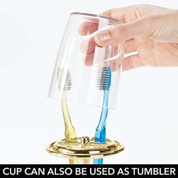 mDesign Plastic Toothpaste and Toothbrush Holder Center with Cup/Cover - Organizer for Bathroom Vanity Countertop - Holds Paste, Floss, Accessories - Hyde Collection - Clear/Soft Brass