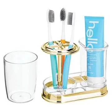 mDesign Plastic Toothpaste and Toothbrush Holder Center with Cup/Cover - Organizer for Bathroom Vanity Countertop - Holds Paste, Floss, Accessories - Hyde Collection - Clear/Soft Brass