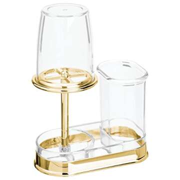 mDesign Plastic Toothpaste and Toothbrush Holder Center with Cup/Cover - Organizer for Bathroom Vanity Countertop - Holds Paste, Floss, Accessories - Hyde Collection - Clear/Soft Brass