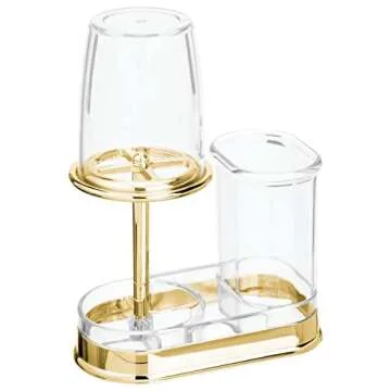 mDesign Plastic Toothpaste and Toothbrush Holder Center with Cup/Cover - Organizer for Bathroom Vanity Countertop - Holds Paste, Floss, Accessories - Hyde Collection - Clear/Soft Brass