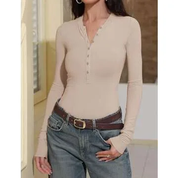 Prettywear 2025 V Neck Trendy Casual Cute Tops Womens Long Sleeve Henley Shirts Fitted Basic T-Shirts Spring Fall Fashion Oatmeal