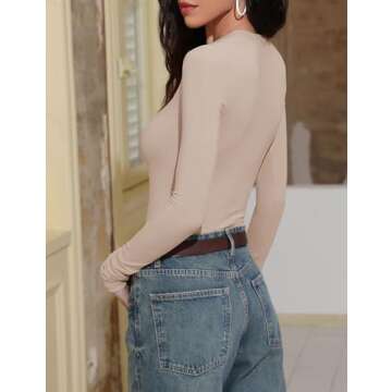 Prettywear 2025 V Neck Trendy Casual Cute Tops Womens Long Sleeve Henley Shirts Fitted Basic T-Shirts Spring Fall Fashion Oatmeal