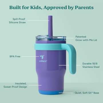 REDUCE 14 Oz Coldee Kids Tumbler with Lid and Straw - Coldee Insulated Travel Mug - Spill-Proof, Sweatproof Stainless Steel, BPA-Free - Includes Handle, Reusable Silicone Straw - Magnetic Purple
