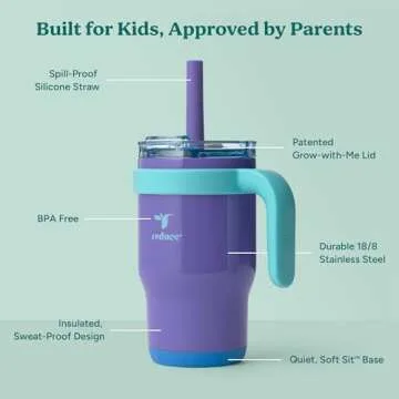 REDUCE 14 Oz Coldee Kids Tumbler with Lid and Straw - Coldee Insulated Travel Mug - Spill-Proof, Sweatproof Stainless Steel, BPA-Free - Includes Handle, Reusable Silicone Straw - Magnetic Purple