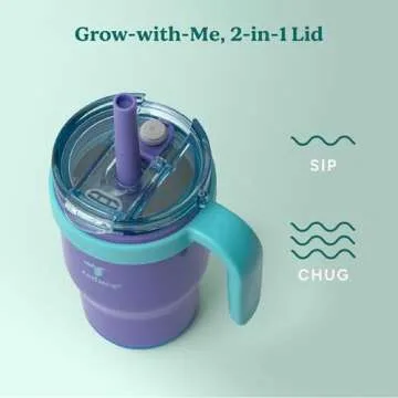 REDUCE 14 Oz Coldee Kids Tumbler with Lid and Straw - Coldee Insulated Travel Mug - Spill-Proof, Sweatproof Stainless Steel, BPA-Free - Includes Handle, Reusable Silicone Straw - Magnetic Purple