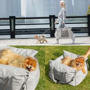 Lesure Small Dog Car Seat for Small Dogs - Waterproof Dog Booster Seat for Car with Storage Pockets and Clip-On Safety Leash and Thickened Memory Foam Filling, Pet Travel Carrier Bed Grey Houndstooth