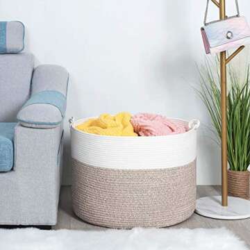 MINTWOOD Design Extra Large 22 x16 Inches Decorative Woven Cotton Rope Blanket Storage Basket Bin Living Room and Laundry Hamper for Pillows, Pool Towels, Dog Toys, Shoes, Light Brown