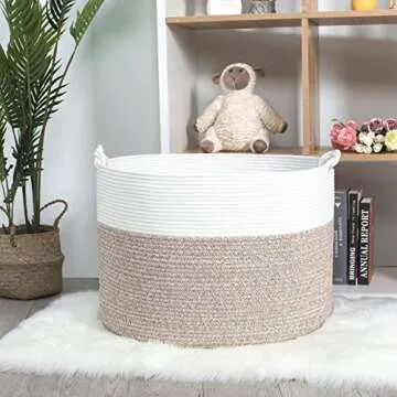 MINTWOOD Design Extra Large 22 x16 Inches Decorative Woven Cotton Rope Blanket Storage Basket Bin Living Room and Laundry Hamper for Pillows, Pool Towels, Dog Toys, Shoes, Light Brown