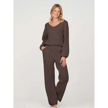 MEROKEETY Matching Sets for Women 2024 Casual Long Balloon Sleeve Knitted Top Wide Leg Pant Sweatsuit,Coffee,S