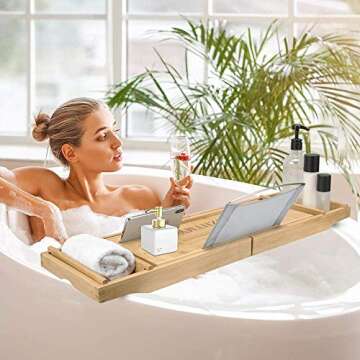 SZHTMY Bamboo Bathtub Caddy Tray for Tub, Premium Bath Tub Tray Ideal for Bath Accessories, Tablet, Books & Wine Glass Stand