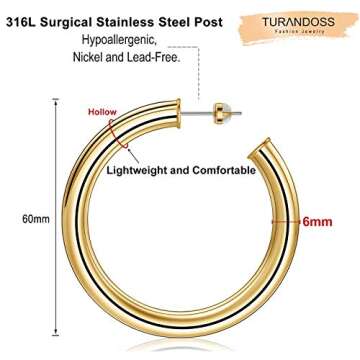 Gold Hoop Earrings for Women, 14K Gold Plated Lightweight Chunky Open Hoops 60mm Gold Hoop Earrings for Women