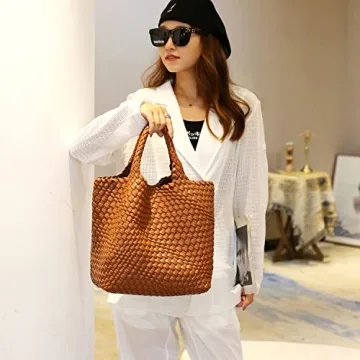 JINMANXUE Fashion Woven Bag Shopper Bag Travel Handbags and Purses Women Tote Bag Large Capacity Shoulder Bags(Brown)