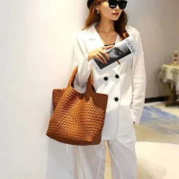 JINMANXUE Fashion Woven Bag Shopper Bag Travel Handbags and Purses Women Tote Bag Large Capacity Shoulder Bags(Brown)