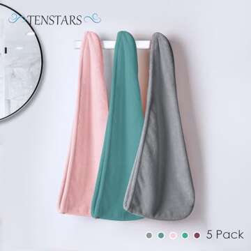 TENSTARS 5 Pack Thicken Microfiber Hair Towel Wrap for Women - Elastic Loop Design - 320GSM Coral Velvet - Quick Dry Hair Turban - 11x28 Inch (Aqua Green+Pink+Burgundy+Teal+Grey)