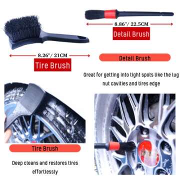oesee Professional 4 Pack Long Handle Wheel Brush Kit for Cleaning Wheel and Tire- 2X Soft Wheel Cleaning Brush, Detailing Brush and Stiff Tire Brush, Bendable& Durable Wheel Rim Cleaner Brush Set