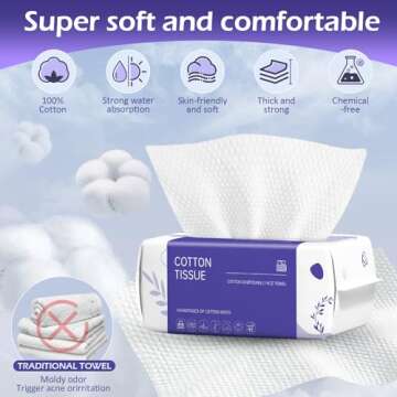 Disposable Face Towel 100 Count, Face Clean Towels, Soft Cotton Dry Wipes Facial Cloths Towelettes for Washing and Drying, Facial Tissue for Cleansing, Skincare and Makeup Remover