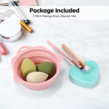 2pcs Makeup Brush Cleanser Mat, Silicone Makeup Brush Cleaner Pad And Bowl Srubber,Portable Washing Tools Easy To Clean The Makeup Brush,Powder Puff,Sponge