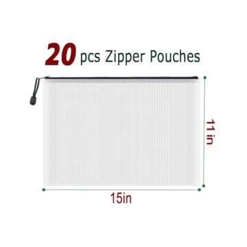 AUSTARK 20 Pcs Zipper File Bags, Plastic Mesh Pouch, Board Game Storage, Waterproof Bags for Office School (B4 Size 15''x11'', White and Black)