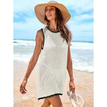 ANRABESS Womens Swimsuit Cover Up Sleeveless Knit 2025 Summer Outfits Swimwear Bathing Suit Coverup Crochet Beach Dress White Black Small