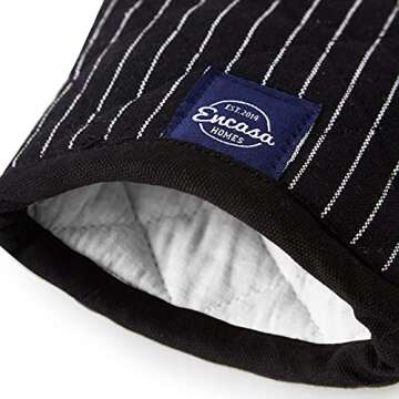 Encasa Homes Long 12" Oven Microwave Hand Gloves Mitts (2 pc Set) for Kitchen Cooking & Baking - Heat Resistant, Thick & Safe, Protection of Hands from Hot Utensils - Butcher Stripes Black