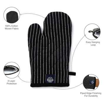 Encasa Homes Long 12" Oven Microwave Hand Gloves Mitts (2 pc Set) for Kitchen Cooking & Baking - Heat Resistant, Thick & Safe, Protection of Hands from Hot Utensils - Butcher Stripes Black