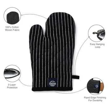 Encasa Homes Long 12" Oven Microwave Hand Gloves Mitts (2 pc Set) for Kitchen Cooking & Baking - Heat Resistant, Thick & Safe, Protection of Hands from Hot Utensils - Butcher Stripes Black