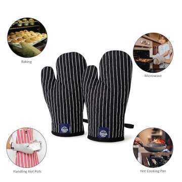 Encasa Homes Long 12" Oven Microwave Hand Gloves Mitts (2 pc Set) for Kitchen Cooking & Baking - Heat Resistant, Thick & Safe, Protection of Hands from Hot Utensils - Butcher Stripes Black