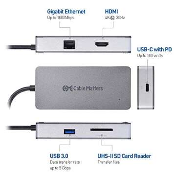 Cable Matters USB C Multiport Adapter (USB C Hub with HDMI 4K), SD Card Reader, USB 3.0, Gigabit Ethernet and 100W PD - USB-C and Thunderbolt 4 / USB4 / Thunderbolt 3 Port Compatible with MacBook Pro