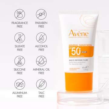 Avene Mineral Sunscreen Multi-Defense Fluid Tinted SPF 50+, Clean Formula Sunscreen for Sensitive Skin, Sheer, Water Resistant, Non-Whitening, Antioxidant Protection, 1.7 Fl Oz