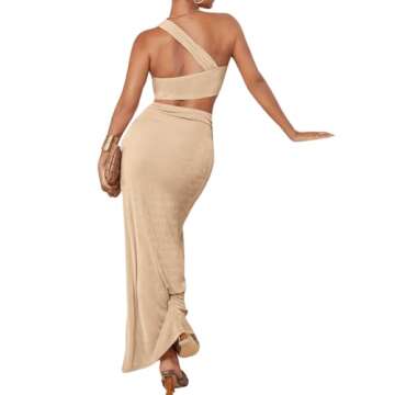 MakeMeChic Women's 2 Piece Outfits One Shoulder Twist Crop Top and Split Thigh Skirt Set Apricot S
