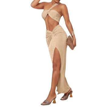 MakeMeChic Women's 2 Piece Outfits One Shoulder Twist Crop Top and Split Thigh Skirt Set Apricot S