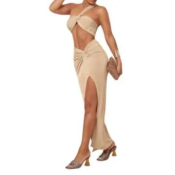 MakeMeChic Women's 2 Piece Outfits One Shoulder Twist Crop Top and Split Thigh Skirt Set Apricot S