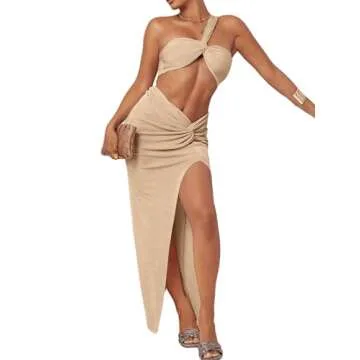 MakeMeChic Women's 2 Piece Outfits One Shoulder Twist Crop Top and Split Thigh Skirt Set Apricot S