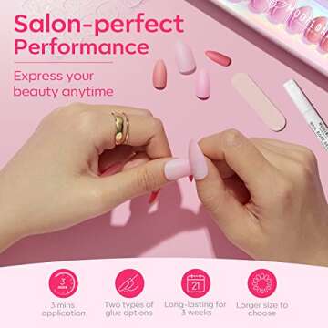 Modelones Press on Nails, Short Almond Nails, Pink Reusable Nail Kit with Nail Glue Adhesive Tabs Mini Nail File, 24 Fake Nails 12 Sizes, Glue on Nails DIY Home Salon Nails Gift