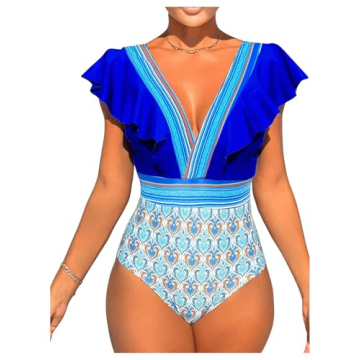 WDIRARA Women's One-Piece Tribal Print Ruffle Hem Bikini Swimwear, Multicolor, Size Large