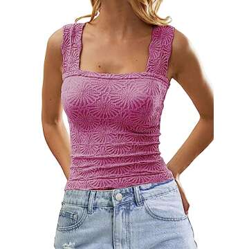 MISSACTIVER Women Square Neck Wide Straps Crop Tank Tops Casual Flower Sleeveless Lettuce Trim Slim ...
