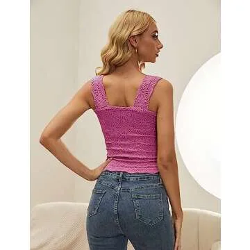 MISSACTIVER Women Square Neck Wide Straps Crop Tank Tops Casual Flower Sleeveless Lettuce Trim Slim Fit Crop Cami Vest Tops