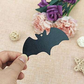 20pcs Black Bat Shape Wood Crafts DIY Cutouts Wooden Hanging Tags Ornaments with Ropes for Halloween Holidays Party Decoration, 4x2 Inch